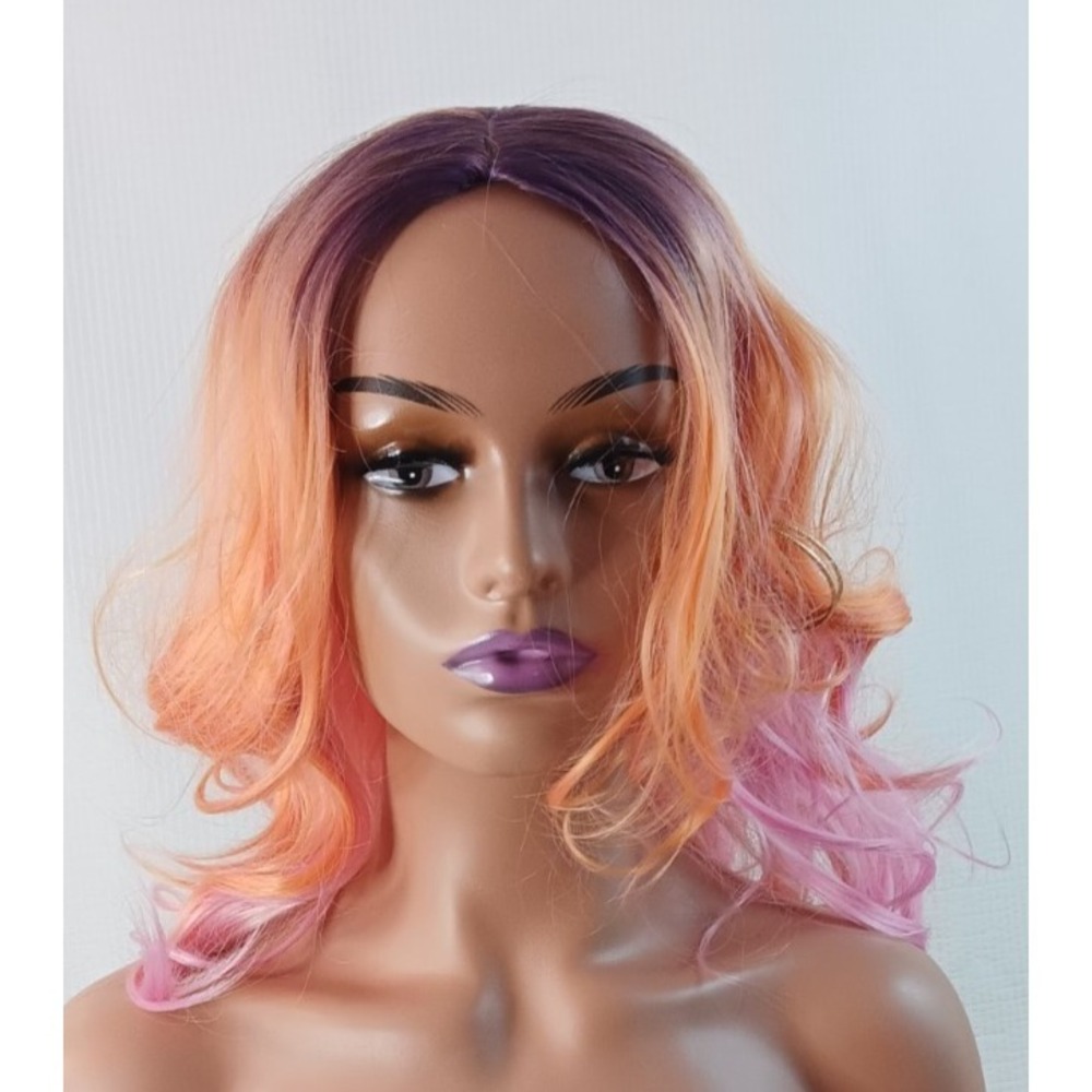 Wavy synthetic‎ Orange Pink W/ Dark Pastel Pink highlights hair wig 18" Cosplay